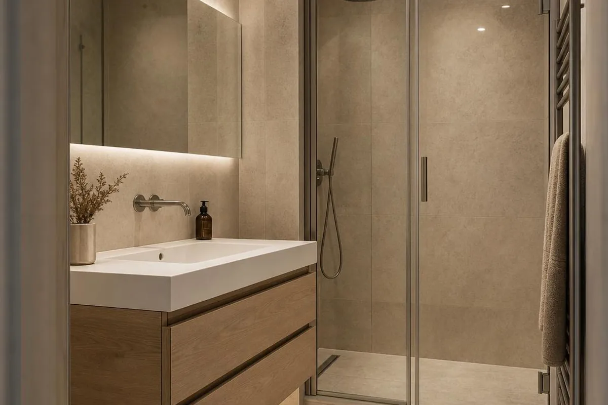 Badkamer met een verlichte spiegel, houten wastafelmeubel en glazen douchewand